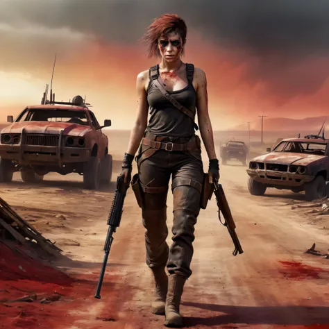 (masterpiece, best quality), ((1girl, (combat pants harness))) road warrior, (looking at viewer, carrying shotgun, dirty, injury, mad max style wasteland), shattered, wasteland, dark mood, blood red sky