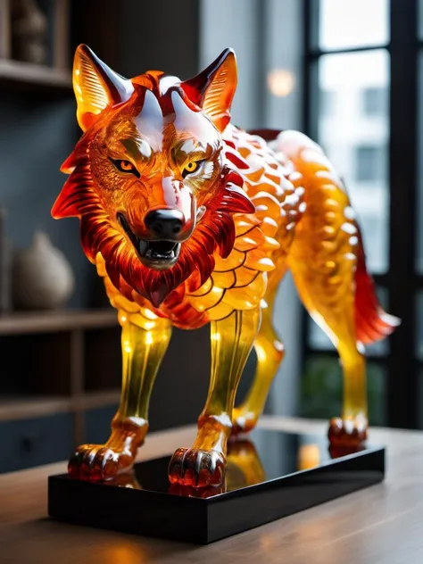 a perfect (full body:1.3) portrait photo of a (wolf man hybrid:1.5), (detailed face:1.3), detailed eyelashes, perfectly drawn face, 8k, depth of field, (glowing orange eyes:1.1), action pose, perfect anatomy, realistic, photorealistic, (drooling:1.2), growling, pointy teeth, standing, sharp claws, combat trousers, in a modern apartment, beautiful glass bird lit as if it is emitting light, glass sculpture, colourful glass, intricate detail, masterpiece, beautiful,