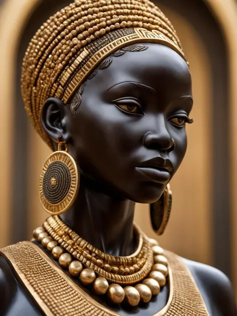 a photo of a statue of an african, decorated with gold, Realistic, porous stone statue made from different stones, in a museum, (detailed face:1.2), sharp[ focus, photorealistic, standing on a pedestal, realistic lighting, realistic textures, intricate detail, rayracing, hdr, uhd, 8k, detailed texture, detailed porous stone surface, depth of field, bokeh,