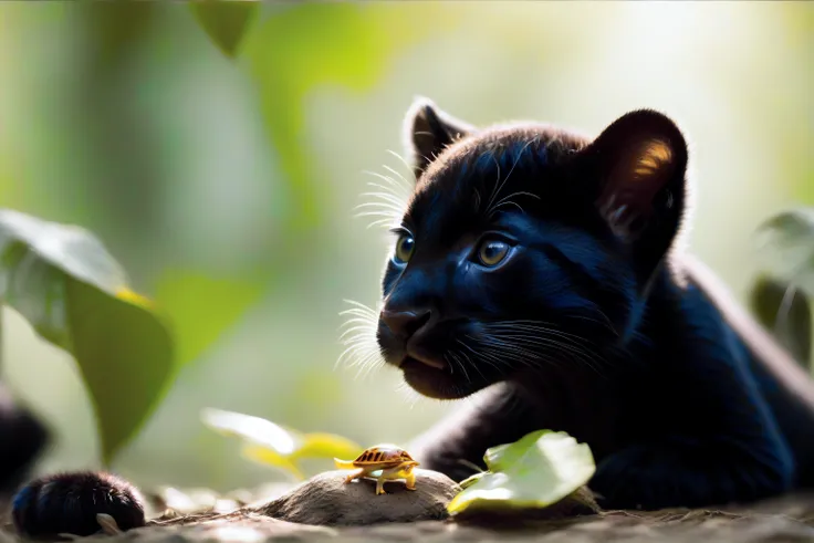 National Geographic wildlife photo, panther, (high-detail fur:2), playing with a turtle shell in the tropical jungle, beautiful spring morning with light mist and sunlight filtering through the tree canopy, fine details<lora:SDXL - Better Faces v1:0.58>