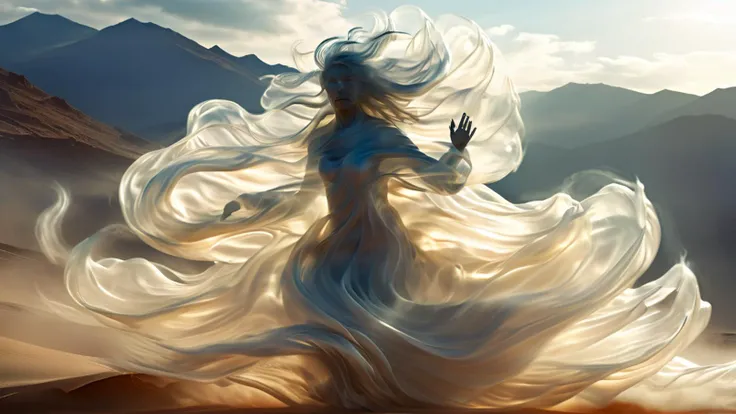 (masterpiece, best quality, high detail, absurdres) <lora:RPGAirElementalXL:0.8> air elemental, glowing eyes, semi-transparent body, billowing robes, long hair, wind-blown hair, distorted human features, floating in midair
