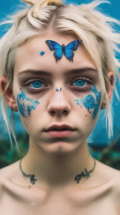 Grunge style portrait of a naked 18-year-old girl with bright blonde hair and piercing blue eyes. Floating Islands with Sky Gardens. Textured, distressed, vintage, edgy, punk rock vibe, dirty, noisy
