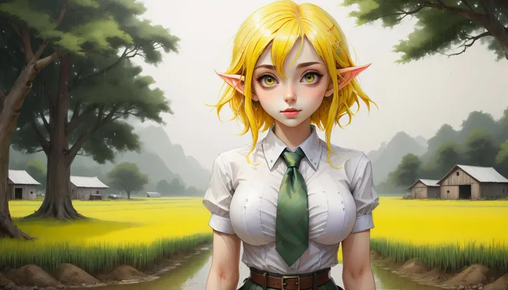1girl, solo, symmetry, farm, plantation, day, own hands together, yellow hair, short hair, swept bangs, hazel eyes, elf, pointy ears, necktie, high-waist skirt, large breasts, smirk, A very humid place full of puddles and leaks, <lora:xk3mt1ks:0.8>, , in the style of xk3mt1ks over white background, very thin waist, <lora:bombshell_v1:0.4>,big boobs,slim body,, (8k, masterpiece, best quality, ultra-detailed), (an extremely delicate and beautiful)kawaii, cute, very big eyes, Aesthetic Anime Eyes, small face, large breasts, cinematic lighting, , Intricate, High Detail, Sharp focus, dramatic, masterpiece, best quality, ultra-detailed,