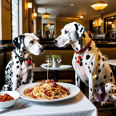 2 dalmatians having a spaghetti meal in a restaurant on a date,