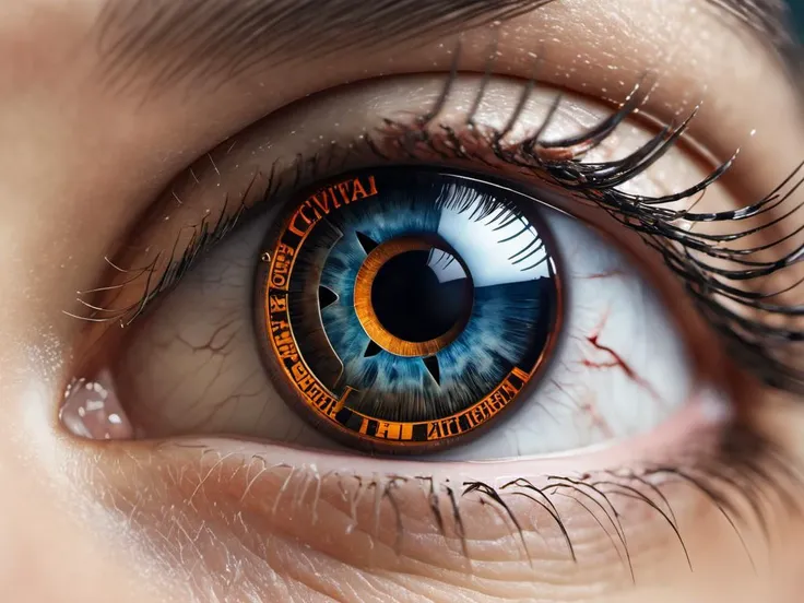 a perfect photo of a (detailed cyborg eye:1.4), (closeup:1.3) (with watermark reading CIVITAI:1.6) on eyelid, detailed eyelashes, perfectly drawn face, 8k, depth of field, perfect anatomy, realistic, photorealistic, hdr, text,