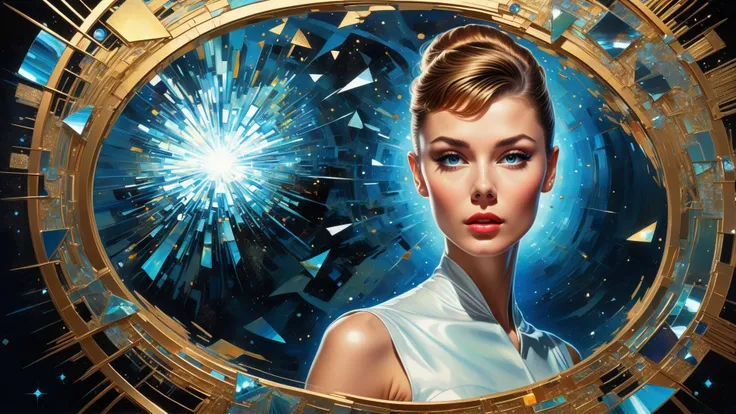 Moon river, synthwave colors <lora:AetherPunkAI:0.5>AetherPunkAI portrait of mia as Leya Seydoux as <lora:adr_AudreyHepburn_SDXL-LoRA-prodigy-clip1-v01:0.8> AudreyHepburn, large broken mirror shards reflecting surroundings, sharp shards RTX, perspective view, extreme angle,
ultra detailed abstract photorealistic painting of liquid joy, sparkles, asymmetrical , glowing color exploding cell shading, fractal algorithm
Digital painting, artistic, colorful, volumetric lighting, detailed, realistic, sharp, nebula sky