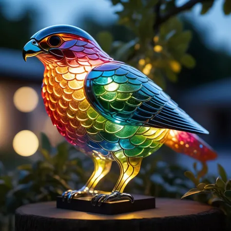 beautiful glass bird lit as if it is emitting light, execution, realistic, masterpiece, photorealistic, depth of field contours, accurate lighting, perfectly drawn, photograph, intricate detail, 8k, very colourful, outdoors, night, intricate detail, beautiful glass etching, in a tree, 3d glass sculpture, rainbow colours, raytracing, lumen, 8k, high definition, highly detailed, reflective, luminism. detailed textures, falcon,