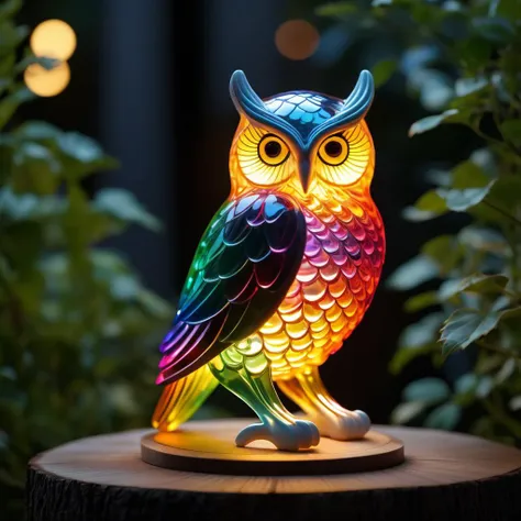 beautiful glass bird lit as if it is emitting light, execution, realistic, masterpiece, photorealistic, depth of field contours, accurate lighting, perfectly drawn, photograph, intricate detail, 8k, very colourful, outdoors, night, intricate detail, beautiful glass etching, in a tree, 3d glass sculpture, rainbow colours, raytracing, lumen, 8k, high definition, highly detailed, reflective, luminism. detailed textures, owl, on a woOden plaque withe the text CATO,