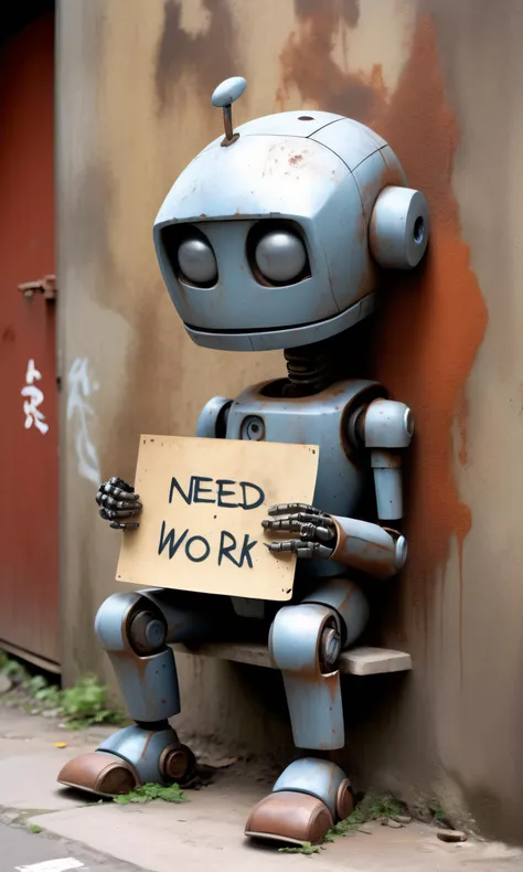 1 lonely sad robot detailed rusty, dusty sitting on the side of an alley wall, holding a sign that says " Need Work " (art by Tsutomu Nihei Mamoru Oshii ) graffiti all over the wall behind him