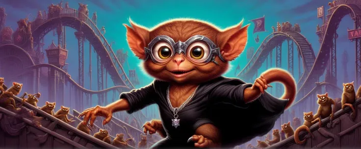 (<lora:1980s_Fantasy_Style_SDXL:1.0> 1980s Fantasy Style, vivid color:1.3), [:(23-year-old Rococo (anthropomorphic Tarsier:1.4) wearing(Layered silver necklaces with a black V-neck tee):2], [(fast-paced pursuit on a roller coaster, with characters jumping between cars and fighting atop the speeding ride:1.3)], hanna barbera cartoon,