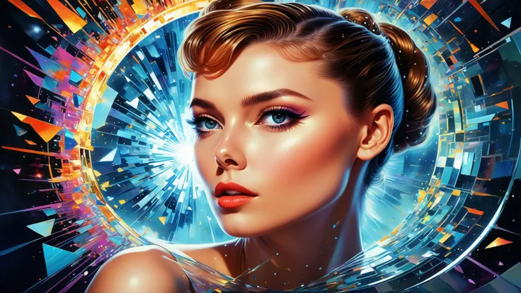 Generate a hyperrealistic image capturing the essence of a futuristic pin-up girl, seamlessly blending classic 1950s charm with cutting-edge technology. Envision her in a sleek, metallic environment adorned with holographic elements.. Ultra realistic, vibrant colors, 16k