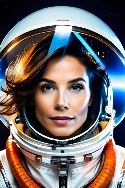 Professional portrait photo, mature brunette, wearing a high-fashion form-fitting astronaut suit, floating in zero-gravity in space, her hair floating freely inside her massive glass helmet, her suit is highly articulated and molded to her body, vibrant splashes of color, bright piercing eyes, deep starfield in the background, expert composition, cinematic lighting<lora:SDXL - Better Faces v1:0.58>