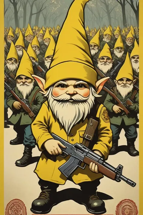 gnome in yellow hat holding an ak47, leading an armed mob of elves, shepard fairey style poster art <lora:Shepard Fairey Style:1>