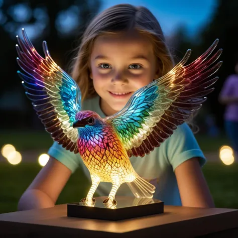 beautiful glass bird lit as if it is emitting light in front of a girl, execution, realistic, masterpiece, photorealistic, depth of field contours, accurate lighting, perfectly drawn, photograph, intricate detail, 8k, very colourful, outdoors, night, intricate detail, beautiful glass etching, in a tree, 3d glass sculpture, rainbow colours, raytracing, lumen, 8k, high definition, highly detailed, reflective, luminism. detailed textures, (the girl is wearing a t-shirt with text: CIVITAI), on a plaque with the text CATO:1.4), WINGS OUTSTRETCHED, EAGLE, in flight, bright lights, (a young illuminated by the bird staring at the bird in wonder:1.5), (girl:1.3), smiling, DETAILED FACE, DETAILED EYES,