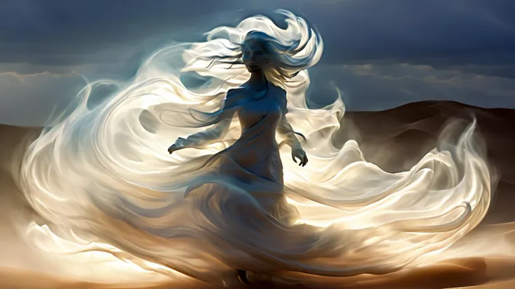 (masterpiece, best quality, high detail, absurdres) <lora:RPGAirElementalXL:0.8> air elemental, glowing eyes, semi-transparent body, billowing robes, long hair, wind-blown hair, distorted human features, floating in midair