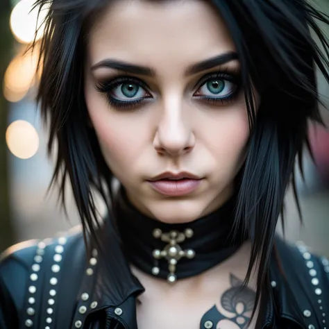 Thorough, analog style, eye focus, highest quality, (highly detailed skin), photo of a
gothic girl, dynamic goth hair, punk,(finely detailed beautiful eyes: 1.2),(beautiful detailed face, beautifuldetailed eyes), petite model body, finely detailed eyes, finely detailed face
skin pores, sharp focus, dappled lighting, (backlighting:0.7), film grain, photographed on a Sony A7R IV, 18mm F/1.7 cine lens, (highly detailed, intricately detailed), 8k, HDR, seductively posing, front view, (uppper body:1.15)