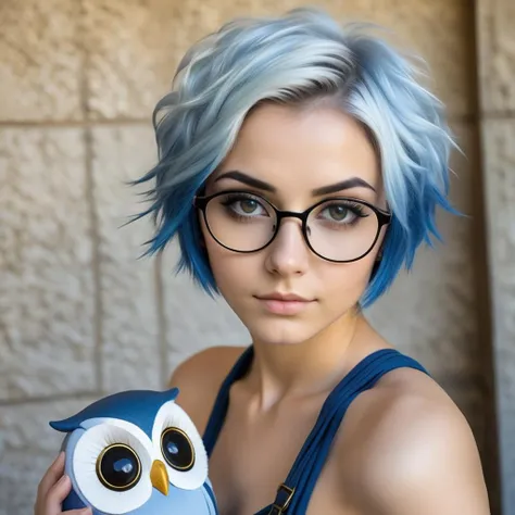 upper body, solo, cute, geeky, glasses, ((very short blue hair)), ((bending forward)), looking curiously at viewer, (close-up face), facing viewer, bottom up, ((flat chested)) , young emo goddess (style-swirlmagic:0.8), owl cosplay, detailed face, young goddess, Athena, greek mythology theme, detailed background, magical aura, deity, future, curious , hussy, intrigued by the thing, smart, ingenuous, eternity, bloom light aura, epic atmosphere, young deity, cute, curious, skilful,