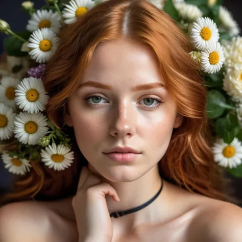 detailed and realistic close portrait of a young european redhead girl, 21yo, cute, naked, bondage, chocker, library, (flowers:1.6), cozy ambience, (lightroom:1.13), soft light, (natural skin texture:1.2), (hyperrealism:1.2), sharp focus, focused, soft cinematic light, sharp, intricate detailes, ((bondage)), portrait photography, magical photography, dramatic lighting, photo realism, ultra-detailed, intimate portrait composition, Leica 50mm, f1. 4