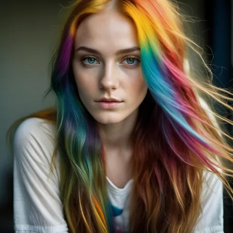 nsfw, analog style, model shoot style, RAW photo ((portrait:1.8)) of a (young girl:1.5), ((colorful photo:1.5)), (long hair, multicolored hair:1.7), ((cute face: 1.7, perfect face:1.3)), looking at viewer, (shiny body:1.5, pale skin:1.5), best quality, epic (by lee jeffries and quentin tarantino photo, sony a7, 50 mm, pores:1.5, colors, hyperdetailed:1.5, film grain:1.4, hyperrealistic: 1.5), hyper-realistic lifelike texture, masterpiece, unreal engine 5, Extremely detailed CG unity 8k wallpaper, realistic eyes, UHD, HDR, DSLR, Madly detailed photo, (ecstasy of light and shadow, deep shadow),