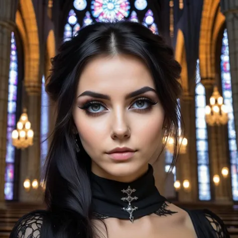 (best quality), (masterpiece), (best lighting), (high detailed skin:1.0), detailed eyes, 8k uhd, dslr, soft lighting, best quality, film grain, Fujifilm XT3, (realistic:1.2), detailed face, beautiful eyes, 1girl, Goth_punk, dynamic pose, gothic cathedral,