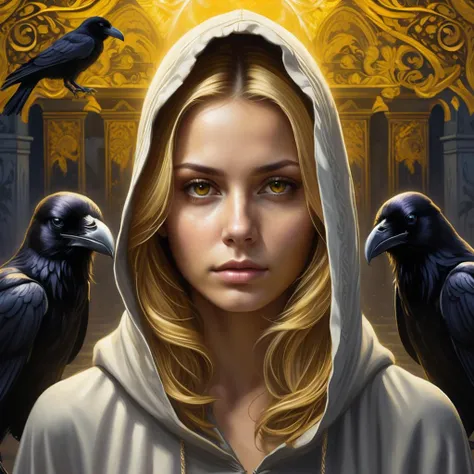 photorealistic, (hyperrealistic:1.2), beautiful, masterpiece, best quality, (1girl, thin adult female:1.2), brown eyes, yellow hair, medium hair, solo, half shot, looking at viewer, detailed background, detailed face, baroque theme:1.1) sad, otherworldly glowing eyes, manifestation of death, hooded, dark clothes, omen, rot, dark shadows, cold, underworld, crypt in background, ravens in background, wind, mysterious lighting, sinister dark atmosphere,