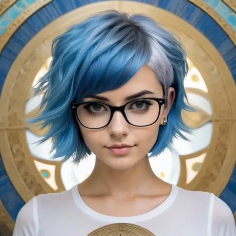 upper body, solo, cute, geeky, glasses, ((very short blue hair)), ((bending forward)), looking curiously at viewer, (close-up face), facing viewer, bottom up, ((flat chested)) , young emo goddess (style-swirlmagic:0.8), owl cosplay, detailed face, young goddess, Athena, greek mythology theme, detailed background, magical aura, deity, future, curious , hussy, intrigued by the thing, smart, ingenuous, eternity, bloom light aura, epic atmosphere, young deity, cute, curious, skilful,