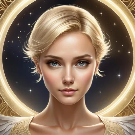 best quality, angel, magical fantasy, cropped hair, short blonde hair, halo above head, light circle, dark light night, intricate, elegant, sharp focus, illustration, high detail, digital painting, concept art, matte, a masterpiece,finely detailed eyes, finely detailed face