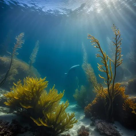underwater nature photo, a serene forest of kelp and seaweed in Monterey Bay Harbor, the stalks gently swaying in the current, a baby whale barely visible in the background, fine details, rich color palette, HDR