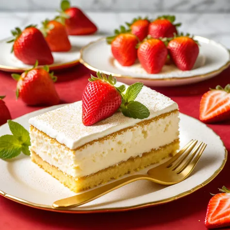 food magazine photo, delicious slice of Tres Leches cake, sitting on a golden saucer, the cake is moist and fluffy, luscious cream drips over the sides of the cake, three perfect slices of ruby red strawberry sit atop, along with a mint leaf dusted in gold, glossy finish
