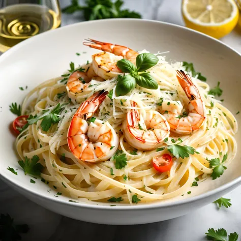 food magazine photo three-quarter angle, a perfect bowl of linguine with a luscious white wine sauce and grilled prawns, garnished with fresh parsley and shredded parmigiana Reggiano, steam wafting from the bowl, rich and vibrant colors 