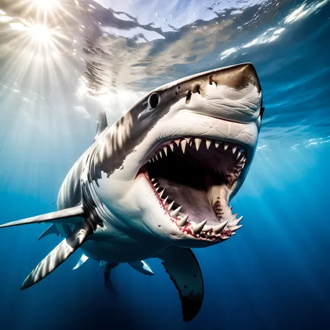 underwater nature photo, a great white shark, swimming aggressively towards the camera, mouth wide open and wickedly sharp teeth ready to crush and tear, sunlight filtering through the water, vibrant colors, sense of power and terror
