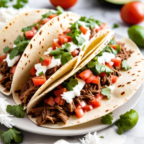 food magazine photo, a perfect taco, soft and fluffy tortilla, filled with white shredded cheese melting over the luscious shredded beef, topped with pico de gallo and fresh chopped cilantro