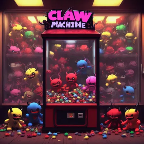 Claw machine with little demons in it in the style of Todd McFarlane , text thats says " Claw Machine "