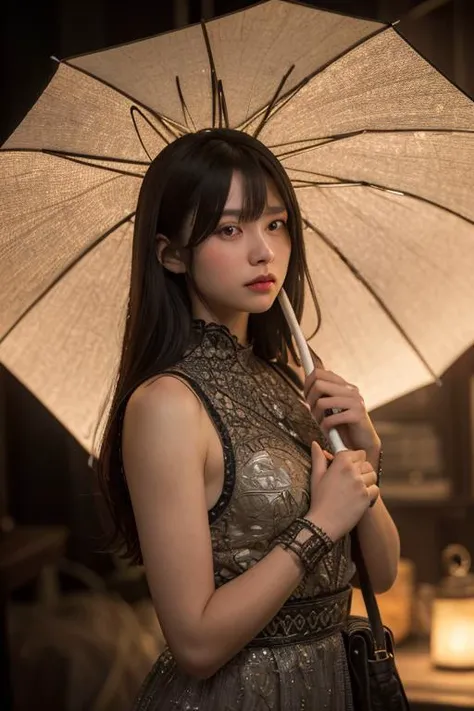 (Pretending to hold a large umbrella:1.1), 1girl, cute thin young girl, warm lights, dramatic light, (intricate details:1.2), vignette, complex background, rutkowski, ((intricate details)), hdr, ((intricate details, hyperdetailed))