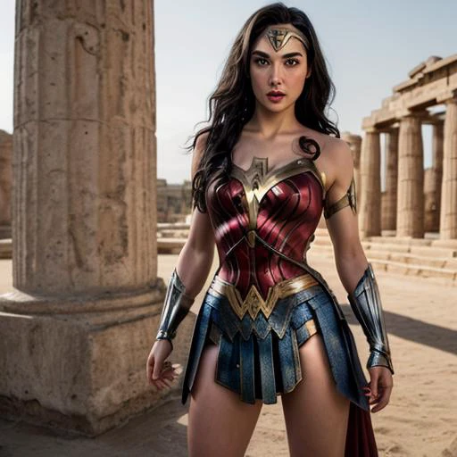 1girl, solo,masterpiece, best quality, (photo realistic), pale white girl, subtle smile,long black hair, short skirt, (wonder woman costume:1.1), (full body shot:1.1), detailed face,textured hair hairstyle,add detail, epicRealism, skirtlift ,lifting her skirt with her own hands, <lora:more_details:0.6>, pink panties showing, camel toe, ancient Greece background, gg4d0t-130, Gal Gadot face, <lora:FutaSkirt:0.6> penis_under_skirt