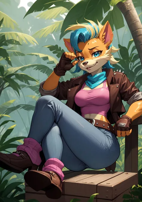 female furry anthro piratetawna,(best quality, masterpiece:1),blue eyes,small nose,medium breasts,fully clothed,spiked jacket,pink shirt,jeans,loose belt,blue scarf,fingerless gloves,leg strap,leg warmers,sitting,wooden box,(outdoors jungle beach background:1.1),crossed legs,detailed face,shoe,<lora:piratetawna-v1:1>,