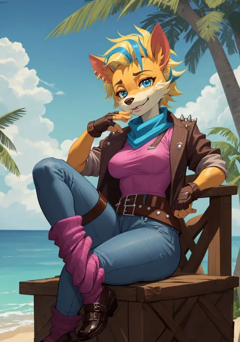 female furry anthro piratetawna,(best quality, masterpiece:1),blue eyes,small nose,medium breasts,fully clothed,spiked jacket,pink shirt,jeans,loose belt,blue scarf,fingerless gloves,leg strap,leg warmers,sitting,wooden box,(outdoors jungle beach background:1.1),crossed legs,detailed face,shoe,<lora:piratetawna-v1:1>,