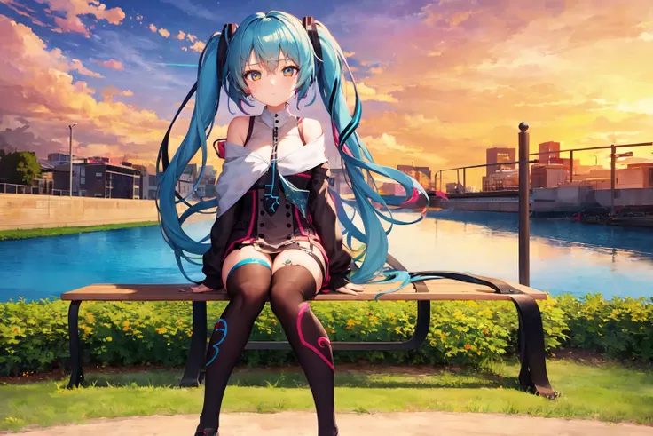 <lora:hatsuneMikuMagical_improved:1>, 1girl, magical mirai (2015), sitting, bench, park, sunset, expressionless, looking at viewer, dusk, thigh strap, full body,