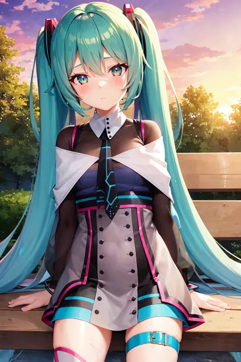 <lora:hatsuneMikuMagical_improved:1>, 1girl, magical mirai (2015), sitting, bench, park, sunset, expressionless, looking at viewer, dusk,