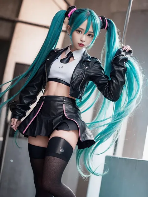 (photorealistic:1.4),(1girl), (best quality), (masterpiece), highly detailed, refined rendering, (highres), hatsune miku, garter straps,cushion, long hair, thighhighs,black skirt, solo, boots, aqua hair, twintails, black jacket, high heels, sweet devil \(vocaloid\),hatsune miku, slender body, smooth skin, professional lighting, Futuristic fashion,High-tech fabrics, Fireproof material,black tight skirt,beautiful detailed eyes,detail hair, ultra-detailed ,detailed face,all black, cyberpunk, mechanical arms, pink headbands,