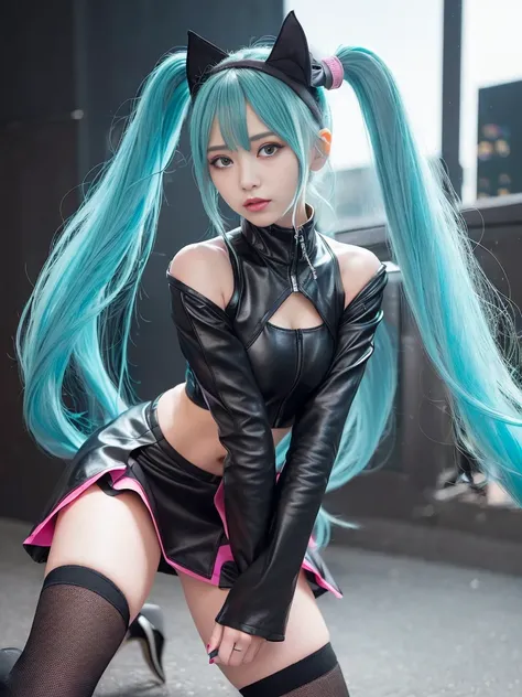 (photorealistic:1.4),(1girl), (best quality), (masterpiece), highly detailed, refined rendering, (highres), hatsune miku, garter straps,cushion, long hair, thighhighs,black skirt, solo, boots, aqua hair, twintails, black jacket, high heels, sweet devil \(vocaloid\),hatsune miku, slender body, smooth skin, professional lighting, Futuristic fashion,High-tech fabrics, Fireproof material,black tight skirt,beautiful detailed eyes,detail hair, ultra-detailed ,detailed face,all black, cyberpunk, mechanical arms, pink headbands,