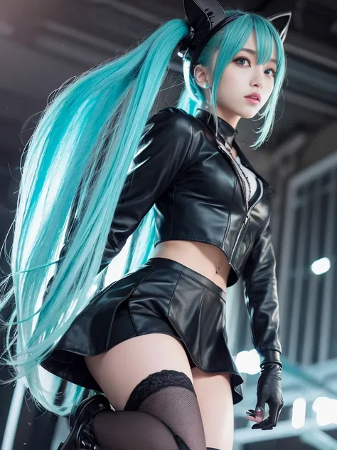 (photorealistic:1.4),(1girl), (best quality), (masterpiece), highly detailed, refined rendering, (highres), hatsune miku, garter straps,cushion, long hair, thighhighs,black skirt, solo, boots, aqua hair, twintails, black jacket, high heels, sweet devil \(vocaloid\),hatsune miku, slender body, smooth skin, professional lighting, Futuristic fashion,High-tech fabrics, Fireproof material,black tight skirt,beautiful detailed eyes,detail hair, ultra-detailed ,detailed face,all black, cyberpunk, mechanical arms, pink headbands,