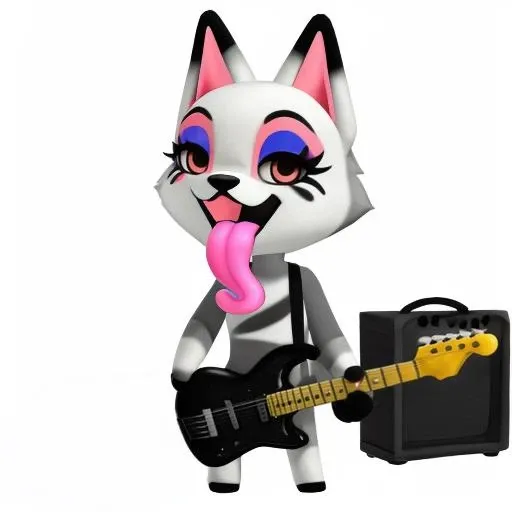 female, feminine, (animal, anthro, furry:1.2), cute, chibi, <lora:aca:0.9>, <lora:long_tongue:1>, lngtng, mouth open, tongue out, long tongue, playing electric guitar, rock band makeup