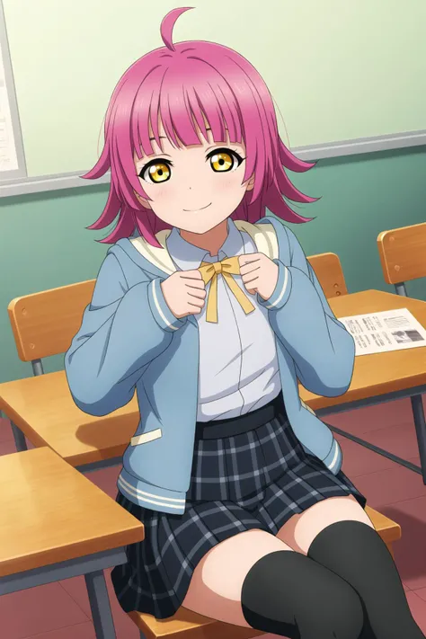 masterpiece, best quality, highres, absurdres, beautiful eyes, 1girl,
<lora:RinaTennoji_Mistoon_Locon_CulturedDiffusion:0.6>, rina tennoji, pink hair, ahoge, yellow eyes,
smirk, hand on own chest, lying,
school uniform, jacket, black thighhighs,
classroom, table, chair,
