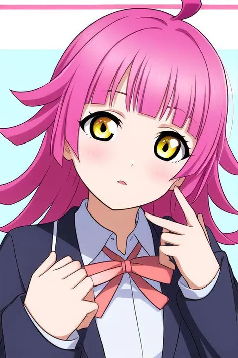 rina tennoji, pink hair, yellow eyes, ahoge, rina-chan board,school background