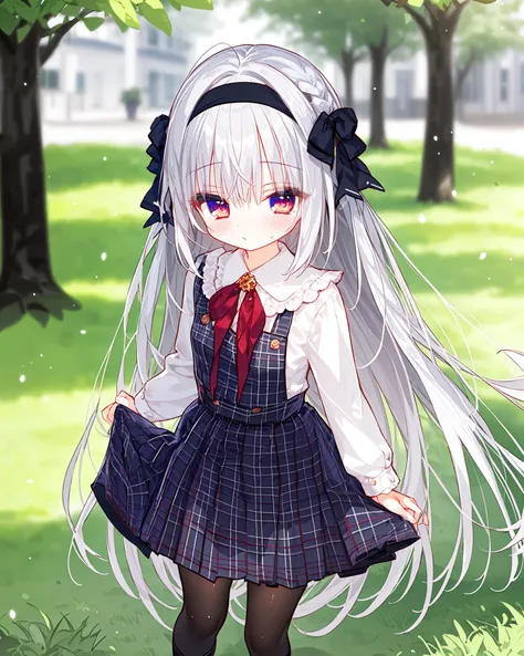 <lora:manami-000012:0.65>,masterpiece,ultrahigh_details,best_quality,(blurry background:1.3),(manami),(1girl),(solo),(long hair),(silver hair),(purple eyes:0.8),(blush:0.8),looking_at_viewer,full body,school uniform,black legwear,shoes,standing,park,grass,tree,