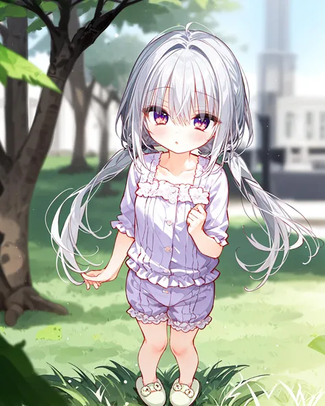 <lora:manami-000012:0.65>,masterpiece,ultrahigh_details,best_quality,(blurry background:1.3),(manami),(1girl),(solo),(long hair),(silver hair),twintails,(purple eyes:0.8),(blush:0.8),looking_at_viewer,full body,standing,pajamas,slippers,park,grass,tree,