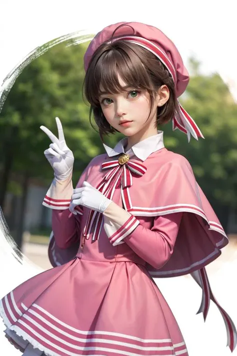 (masterpiece, best quality:1.1), petite, <lora:kinomoto_sakura_v1:0.7>, kinomoto sakura, 1girl, brown hair, short hair, antenna hair, pink headwear, green eyes, capelet, pink dress, striped ribbon, long sleeves, white gloves