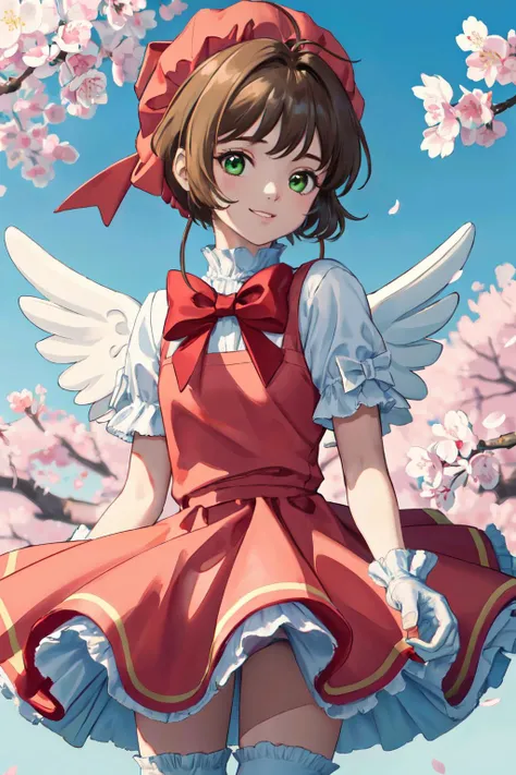 <lyco:kinomoto_sakura_v1:1.0>
kinomoto sakura, 1girl, brown hair, short hair, antenna hair, red headwear, green eyes, frills, red dress, puffy short sleeves, white gloves, red bow, white thighhighs, white wings
(best quality, masterpiece, RAW photo,ultra-detailed:1.2), <lyco:GoodHands-beta2:1.0>,1girl,solo,looking at viewer,smile
city, cherry blossom
