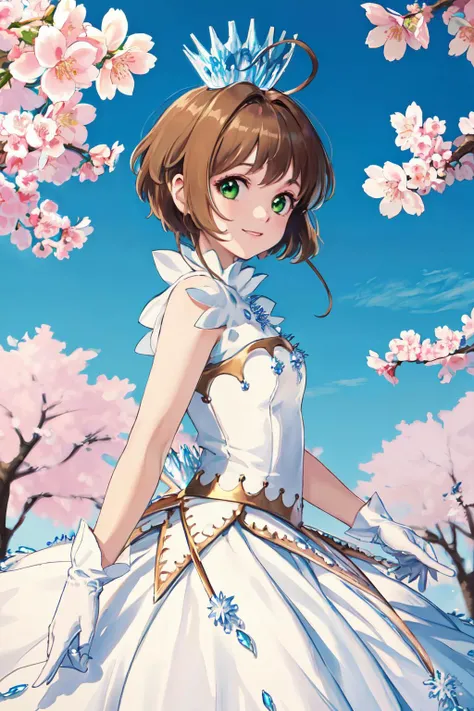 <lyco:kinomoto_sakura_v1:1.0>
kinomoto sakura, 1girl, brown hair, short hair, antenna hair, ahoge, crown, green eyes, white dress, sleeveless, white gloves
(best quality, masterpiece, RAW photo,ultra-detailed:1.2), <lyco:GoodHands-beta2:1.0>,1girl,solo,looking at viewer,smile
city, cherry blossom, from side,walking,